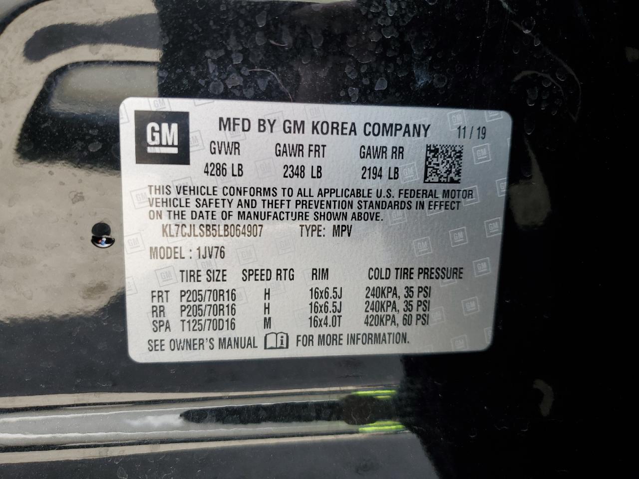 2020 Chevrolet Trax 1Lt VIN: KL7CJLSB5LB064907 Lot: 82629145