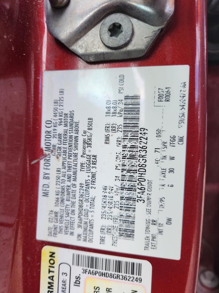 2016 Ford Fusion Se VIN: 3FA6P0HD8GR362249 Lot: 85666385