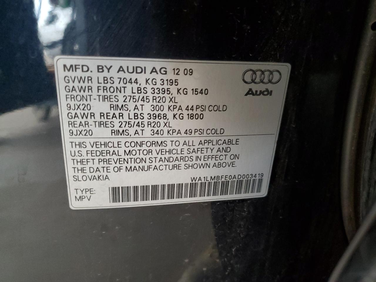 2010 Audi Q7 Premium Plus VIN: WA1LMBFE0AD003419 Lot: 86534075