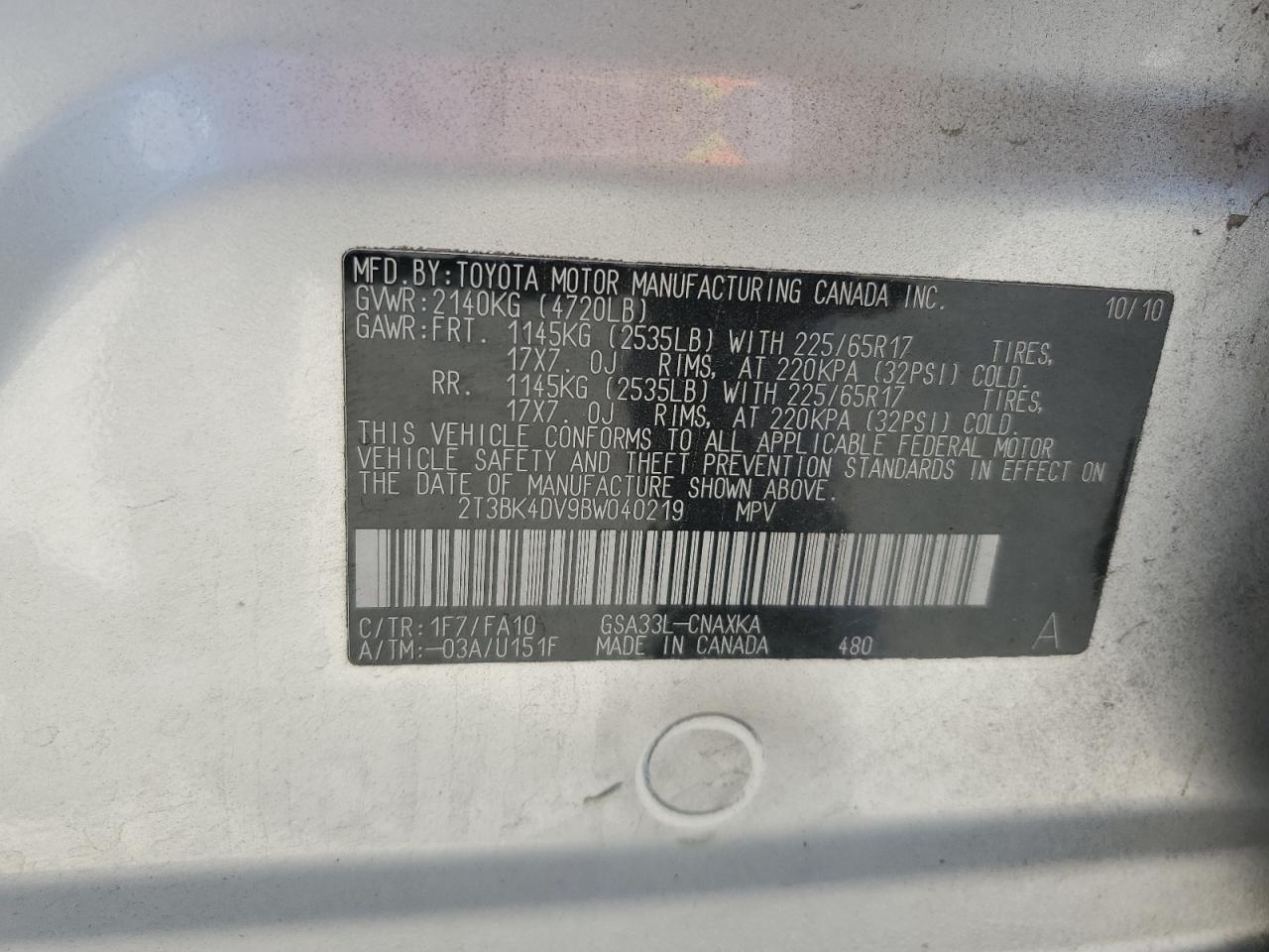 2011 Toyota Rav4 VIN: 2T3BK4DV9BW040219 Lot: 82725255