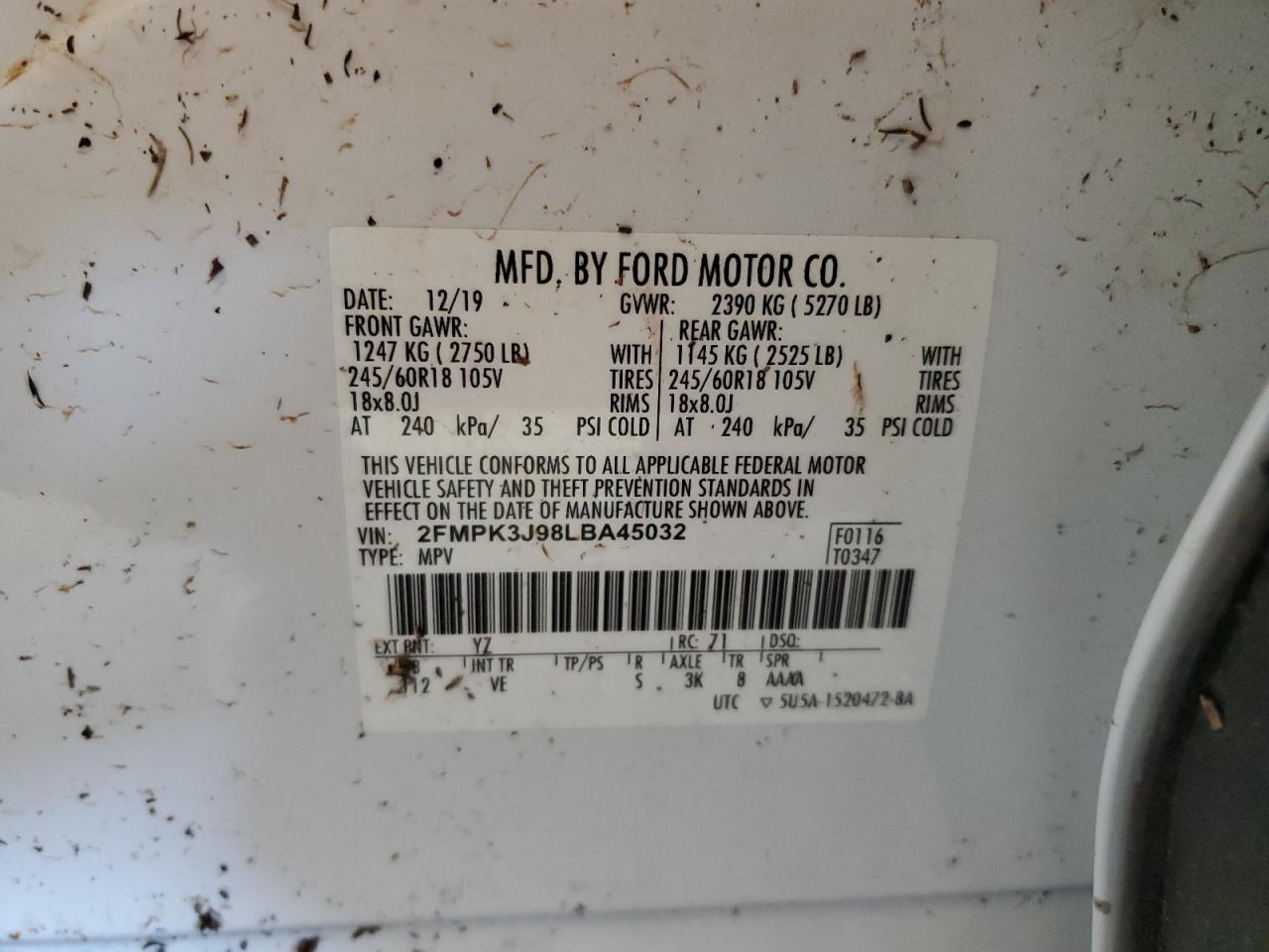 2020 Ford Edge Sel VIN: 2FMPK3J98LBA45032 Lot: 81929635