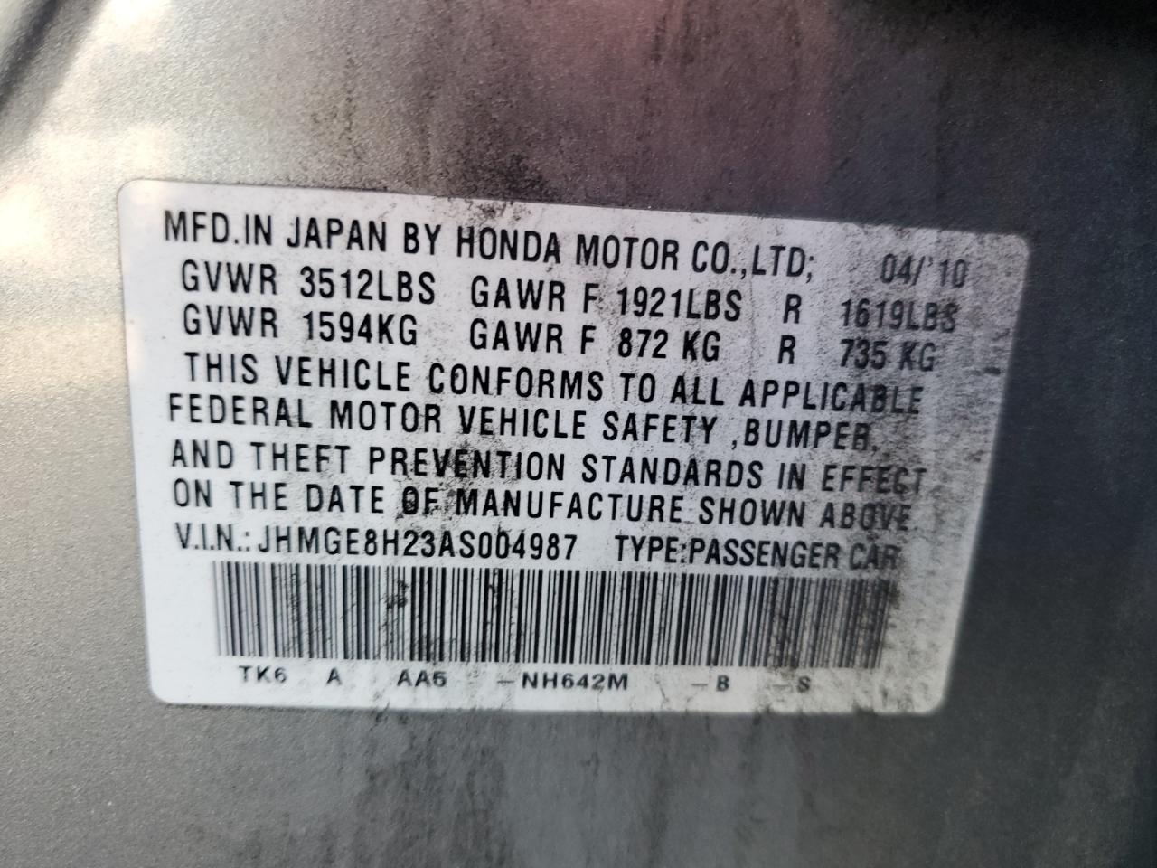 2010 Honda Fit VIN: JHMGE8H23AS004987 Lot: 84819385