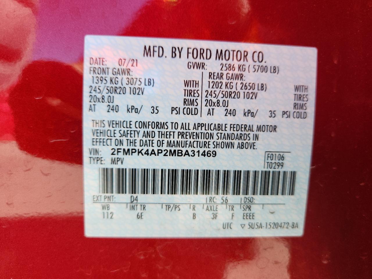 2021 Ford Edge St VIN: 2FMPK4AP2MBA31469 Lot: 84640375
