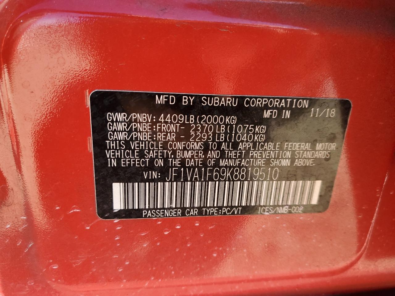 2019 Subaru Wrx Premium VIN: JF1VA1F69K8819510 Lot: 82679265