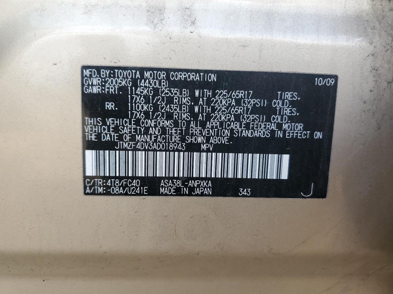 2010 Toyota Rav4 VIN: JTMZF4DV3AD018943 Lot: 82240055