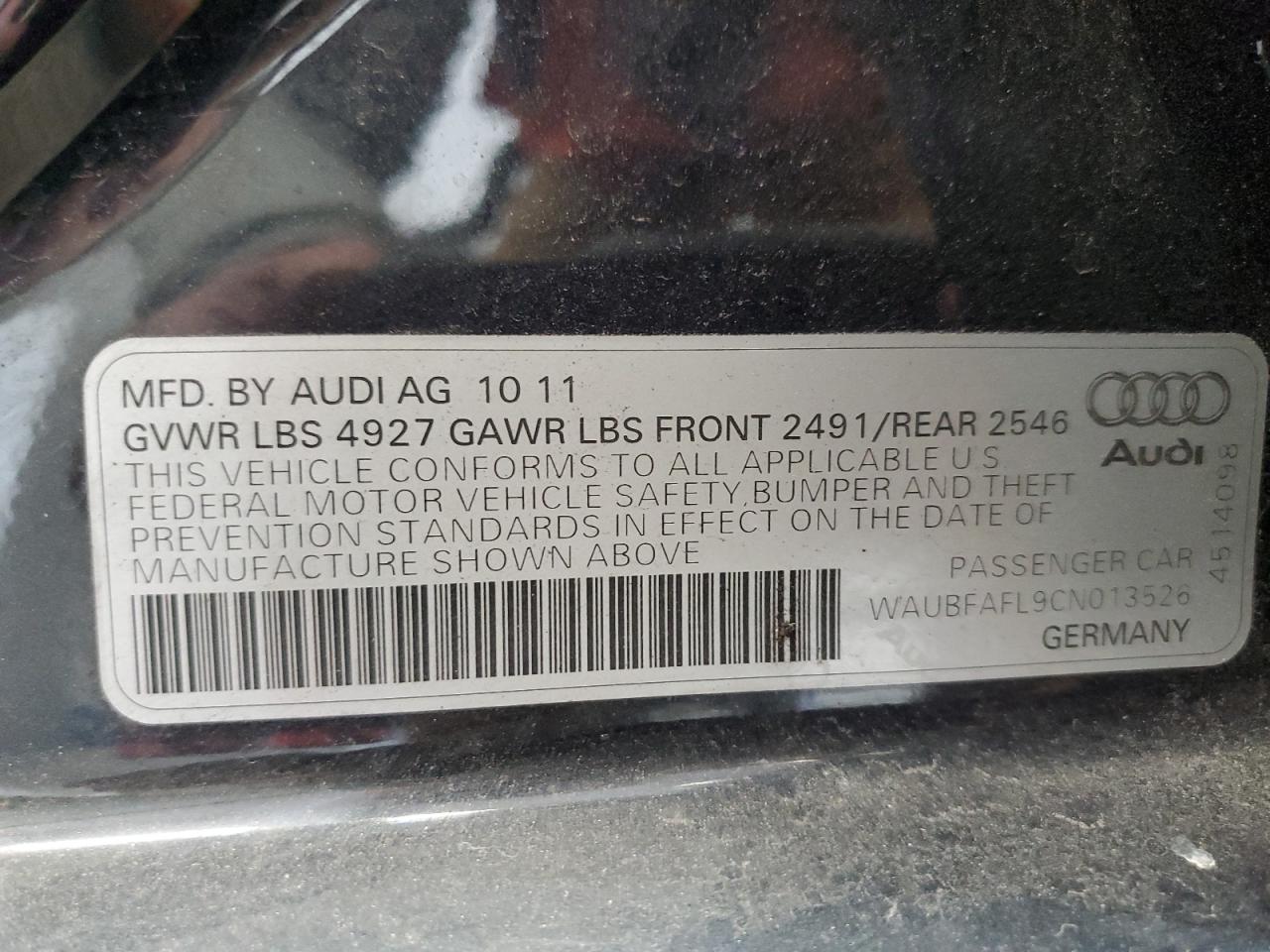 2012 Audi A4 Premium VIN: WAUBFAFL9CN013526 Lot: 86491425