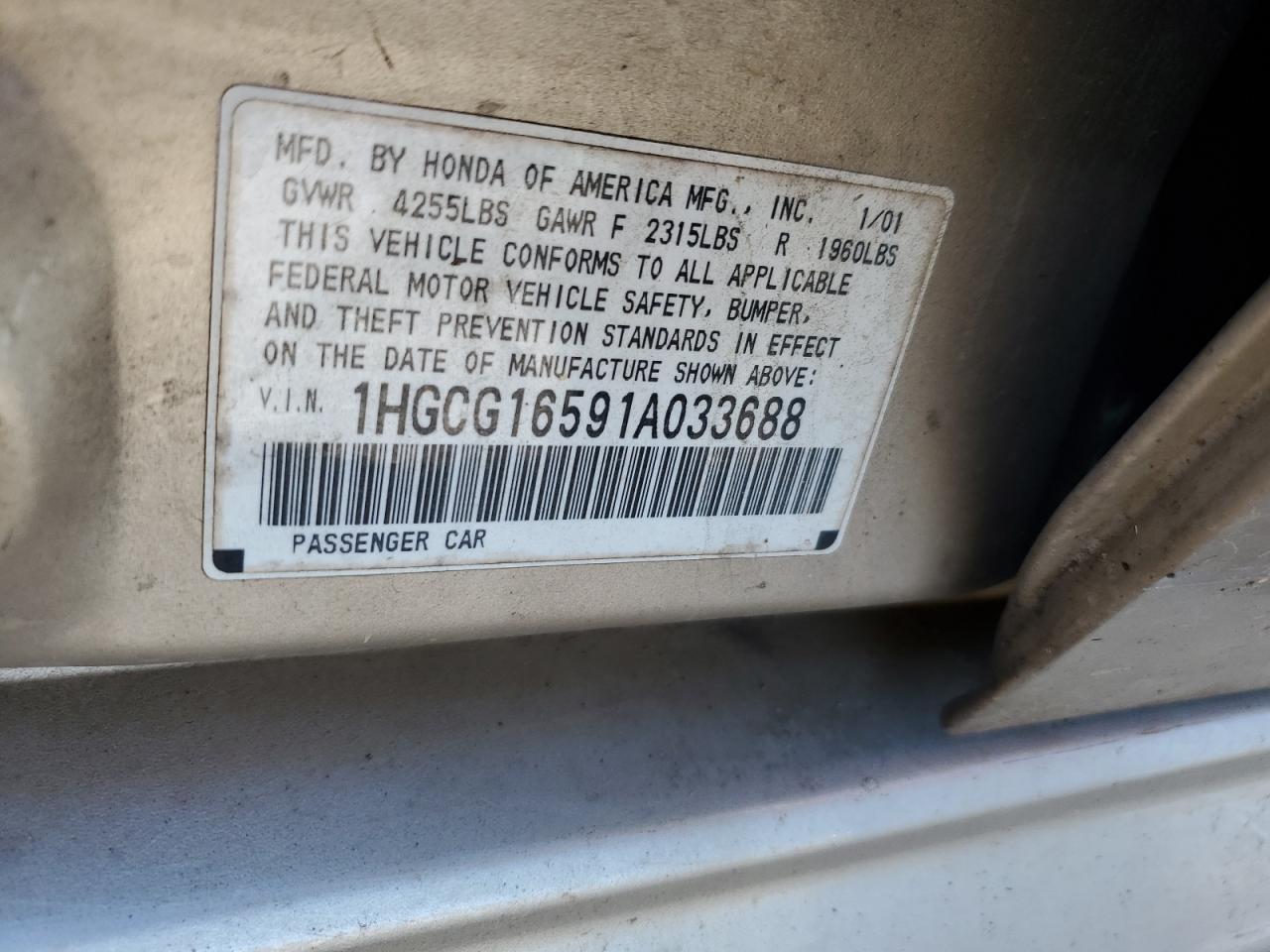 2001 Honda Accord Ex VIN: 1HGCG16591A033688 Lot: 89867005