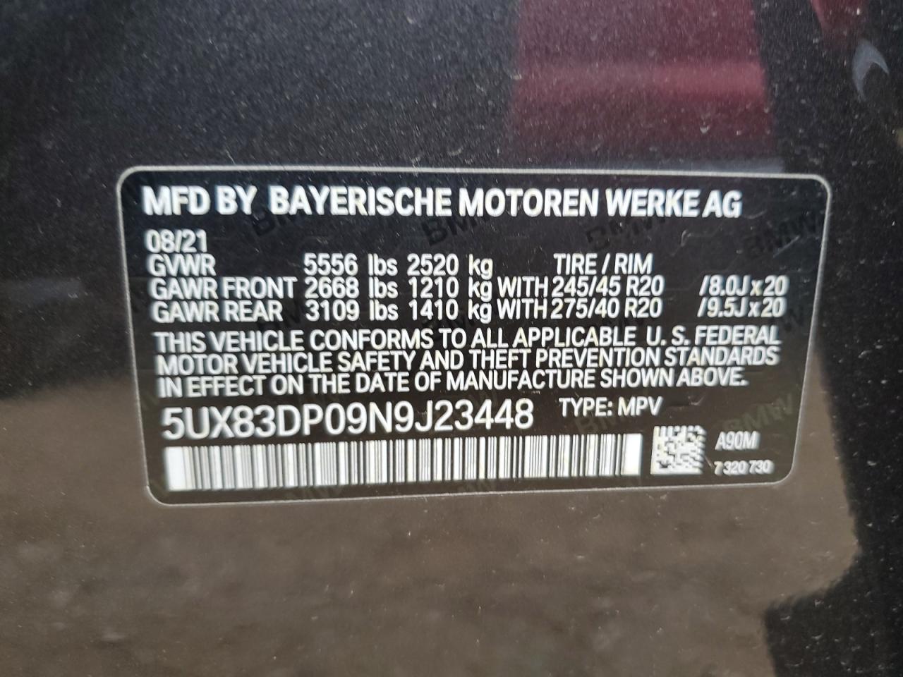 2022 BMW X3 M40I VIN: 5UX83DP09N9J23448 Lot: 82371155