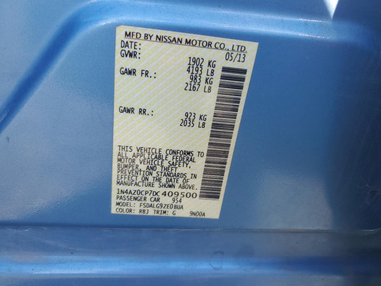 2013 Nissan Leaf S VIN: 1N4AZ0CP7DC409500 Lot: 85345755