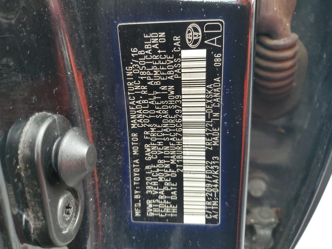 2016 Toyota Corolla L VIN: 2T1BURHE7GC629739 Lot: 85596465