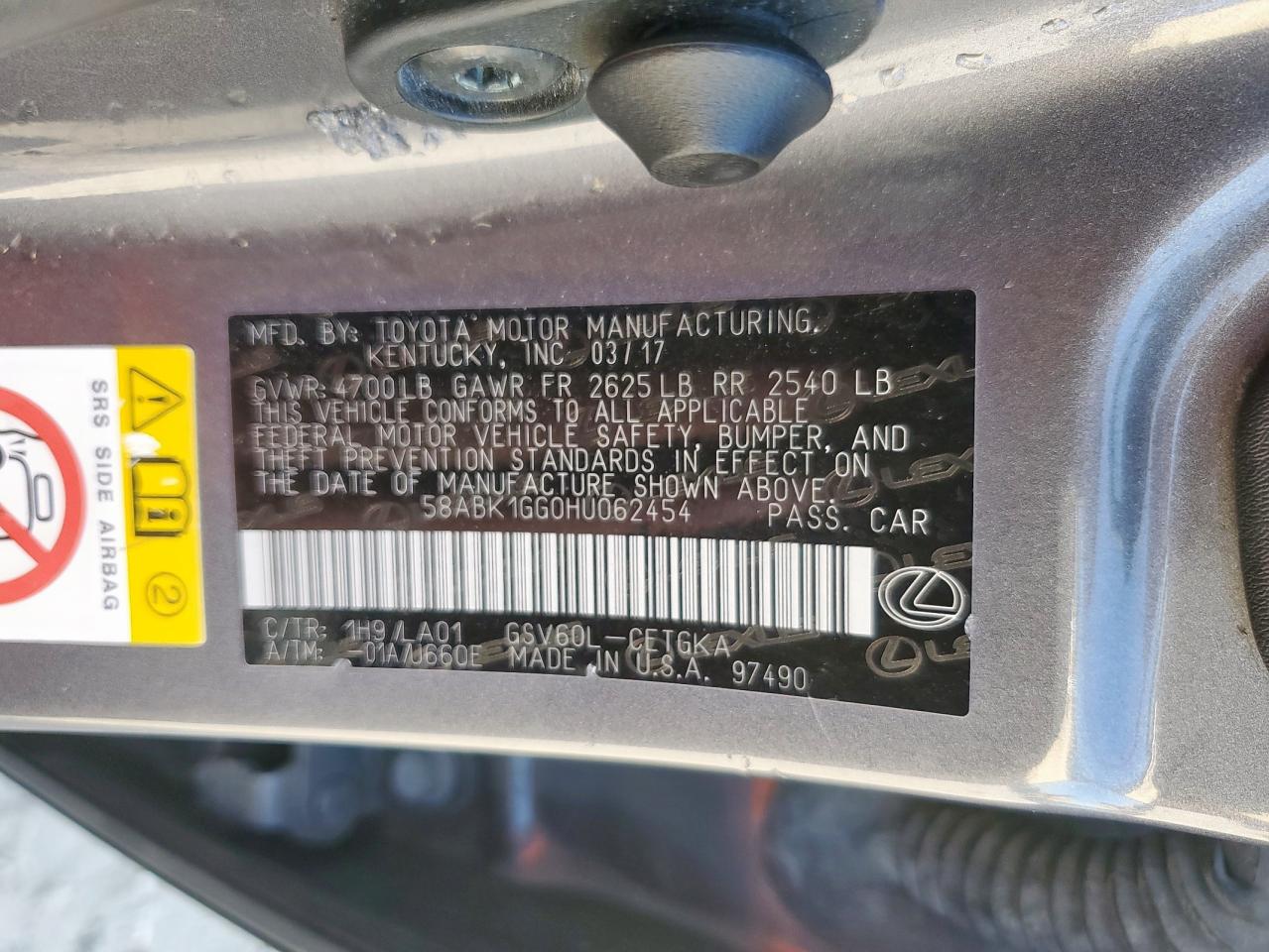 2017 Lexus Es 350 VIN: 58ABK1GG0HU062454 Lot: 85313275