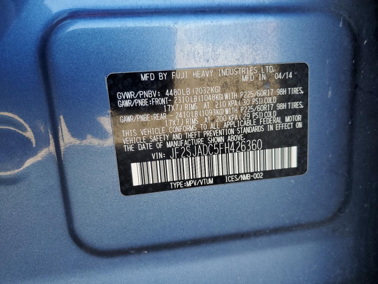 2015 Subaru Forester 2.5I Premium VIN: JF2SJADC5FH426360 Lot: 85643415