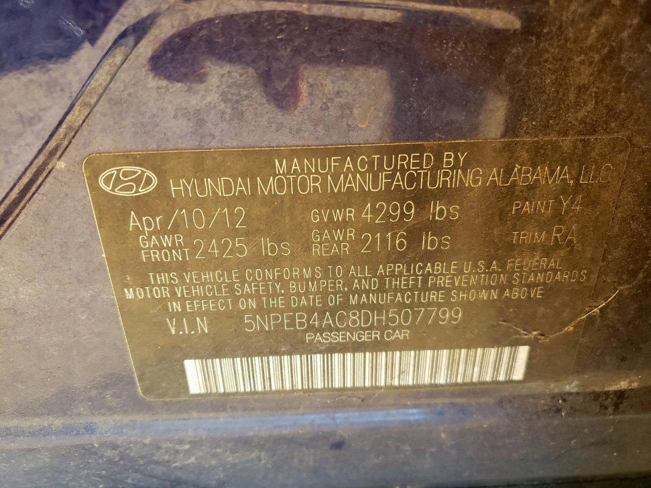 2013 Hyundai Sonata Gls VIN: 5NPEB4AC8DH507799 Lot: 85324455