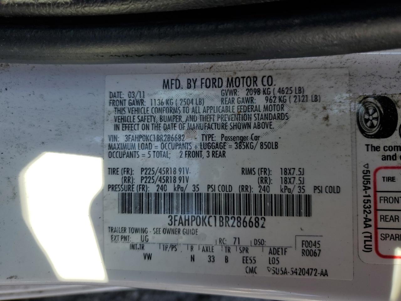 2011 Ford Fusion Sport VIN: 3FAHP0KC1BR286682 Lot: 90613625