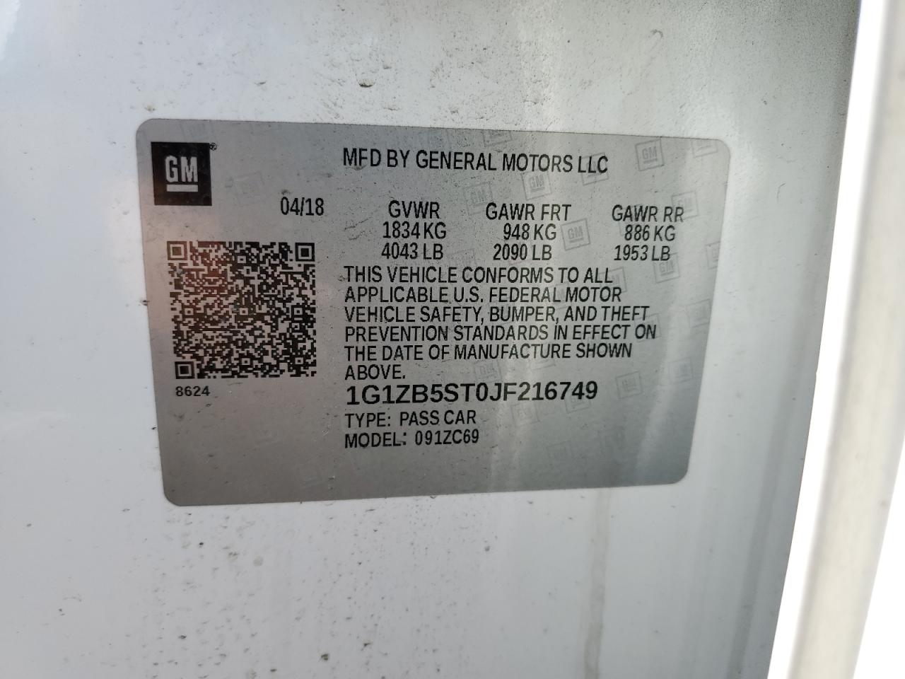 2018 Chevrolet Malibu Ls VIN: 1G1ZB5ST0JF216749 Lot: 86304275