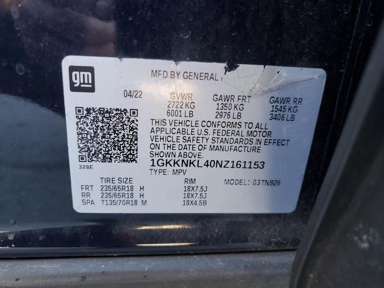 2022 GMC Acadia Sle VIN: 1GKKNKL40NZ161153 Lot: 85843185