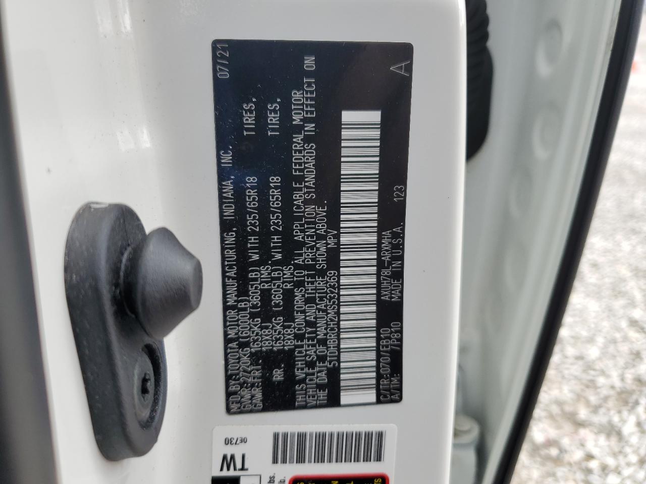 2021 Toyota Highlander Hybrid Xle VIN: 5TDHBRCH2MS532369 Lot: 85268595