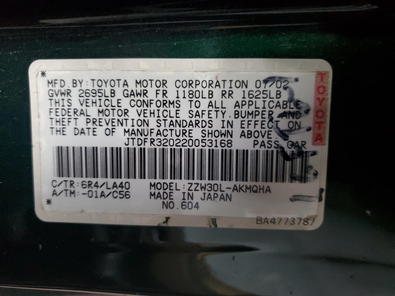 2002 Toyota Mr2 Spyder VIN: JTDFR320220053168 Lot: 81937255