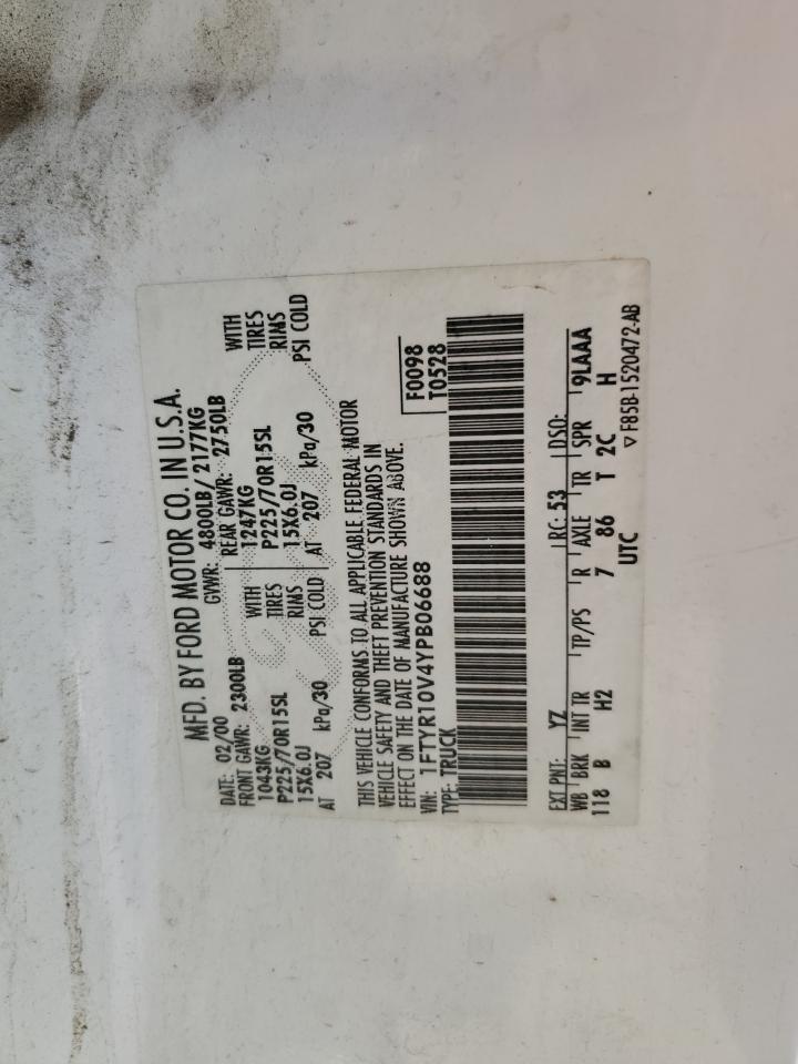 2000 Ford Ranger VIN: 1FTYR10V4YPB06688 Lot: 82656545