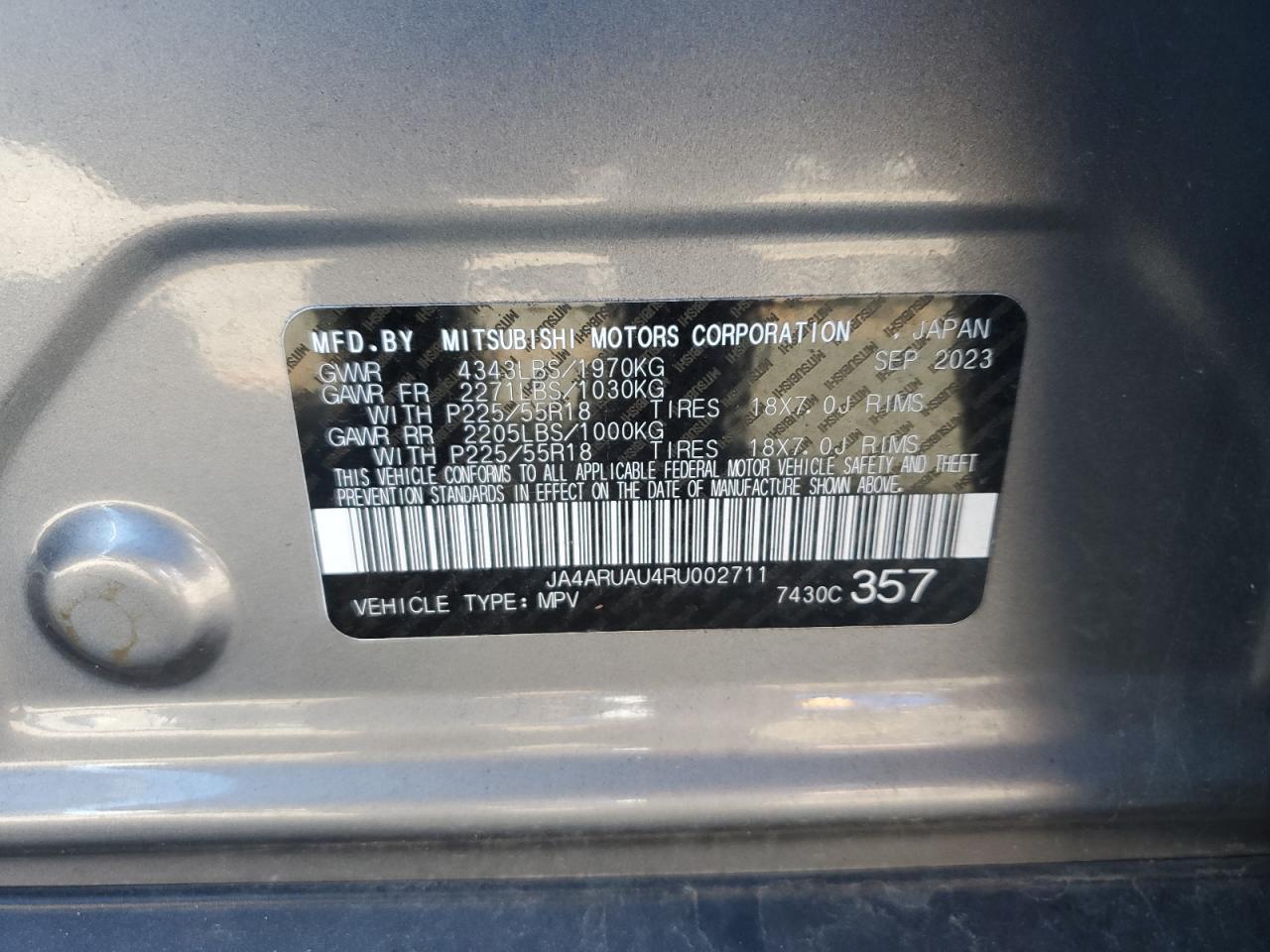 2024 Mitsubishi Outlander Sport S/Se VIN: JA4ARUAU4RU002711 Lot: 85557855