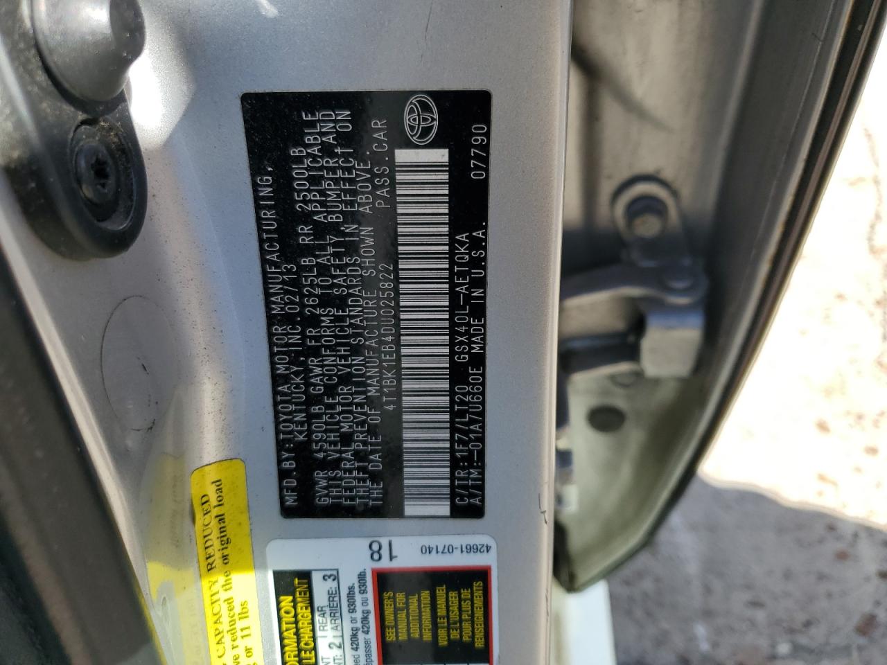 2013 Toyota Avalon Base VIN: 4T1BK1EB4DU025822 Lot: 87019795