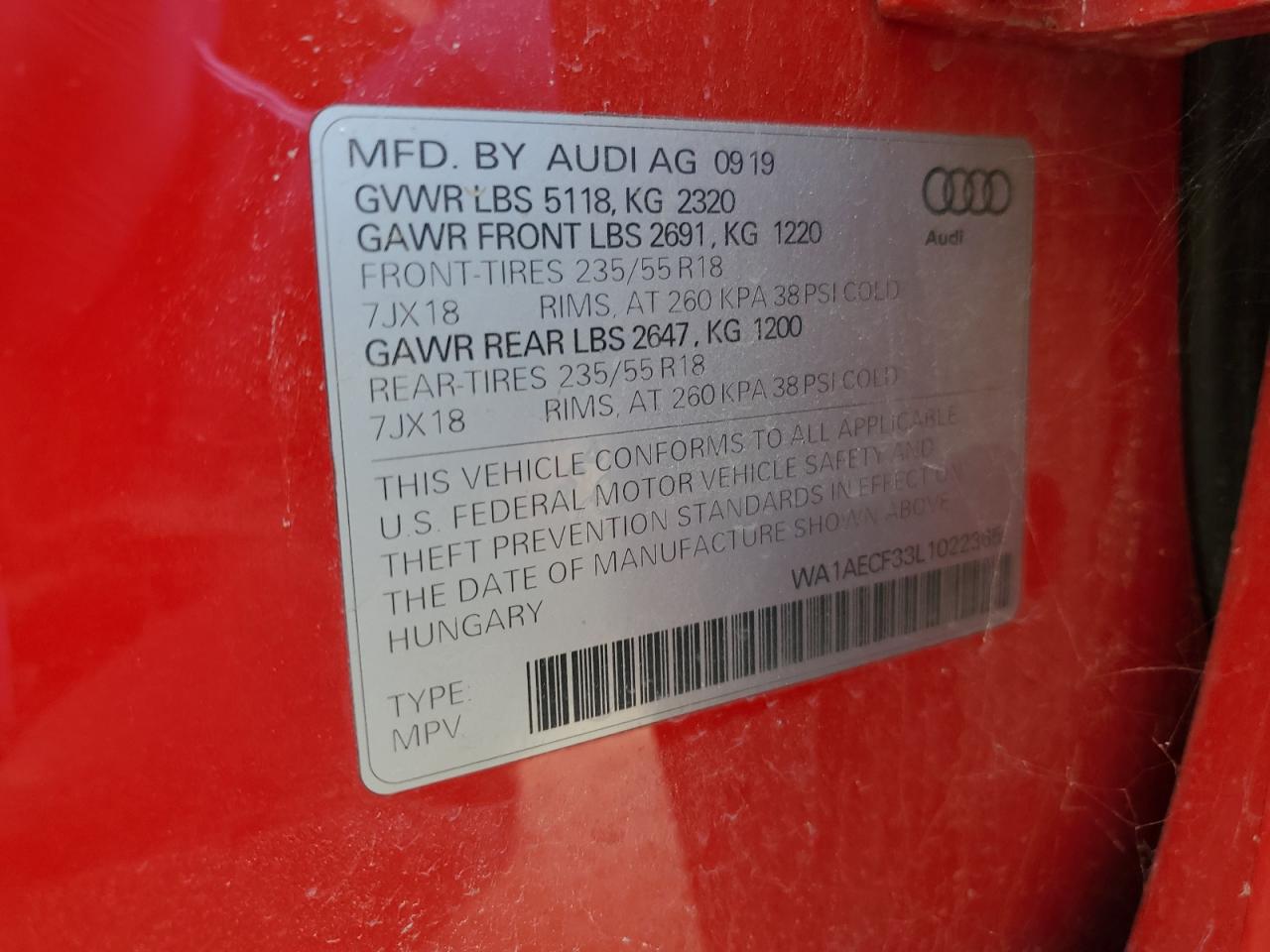 2020 Audi Q3 Premium VIN: WA1AECF33L1022365 Lot: 87061925