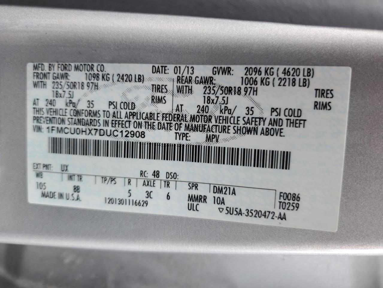 2013 Ford Escape Sel VIN: 1FMCU0HX7DUC12908 Lot: 82007935