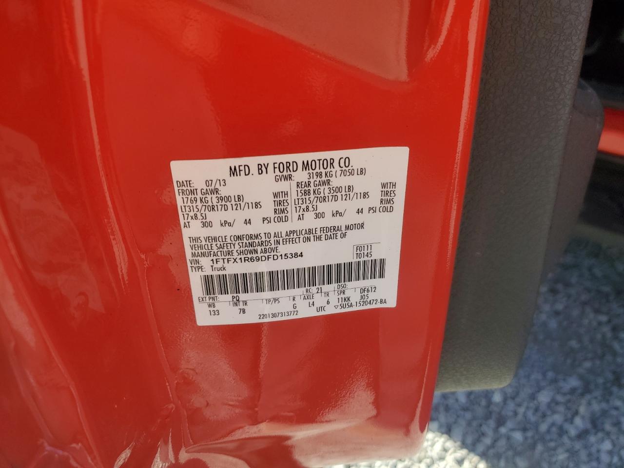 2013 Ford F150 Svt Raptor VIN: 1FTFX1R69DFD15384 Lot: 87357525