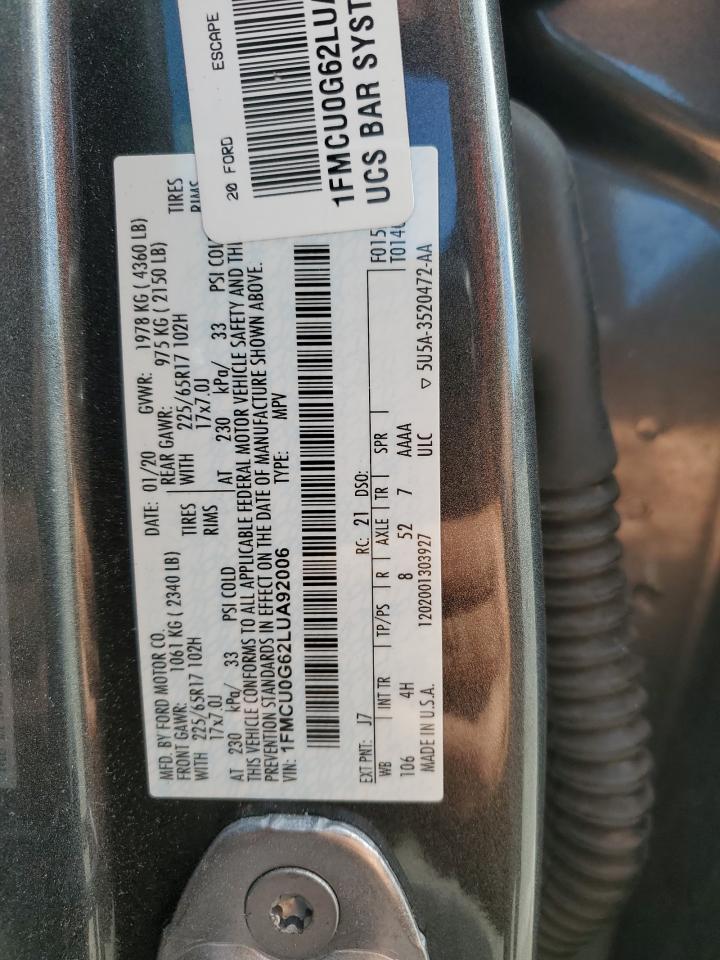 2020 Ford Escape Se VIN: 1FMCU0G62LUA92006 Lot: 82186035