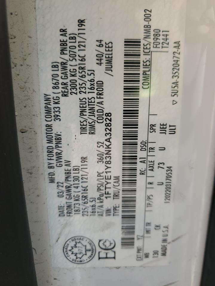 2022 Ford Transit T-150 VIN: 1FTYE1Y83NKA32828 Lot: 84482865