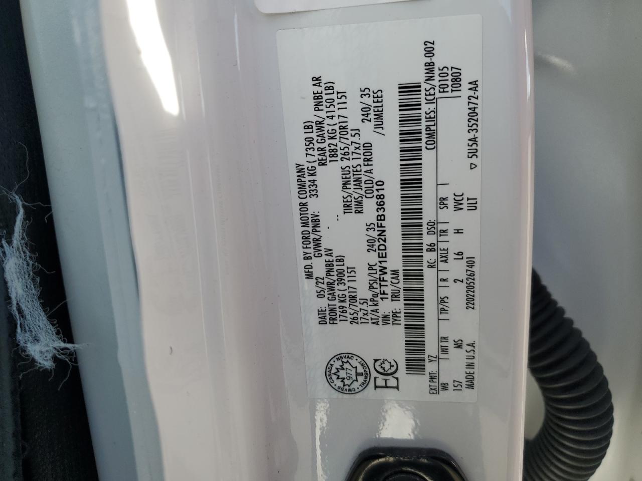 2022 Ford F150 Supercrew VIN: 1FTFW1ED2NFB36810 Lot: 87382725