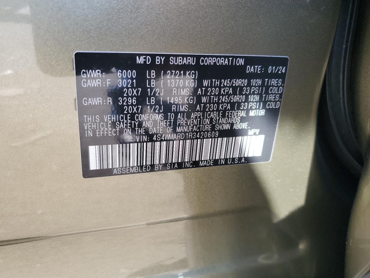 2024 Subaru Ascent Limited VIN: 4S4WMARD1R3420609 Lot: 82004205