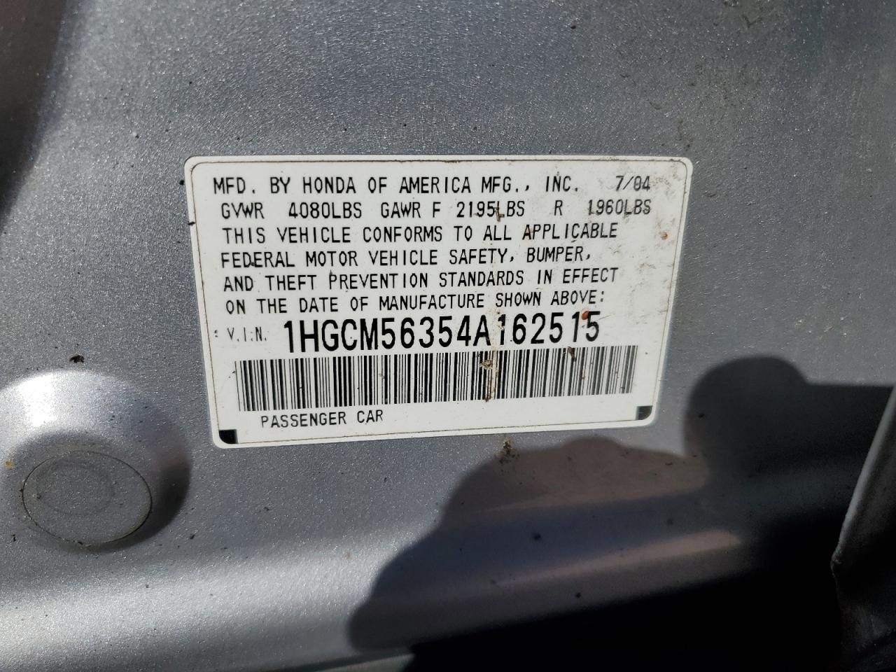 2004 Honda Accord Lx VIN: 1HGCM56354A162515 Lot: 86083175