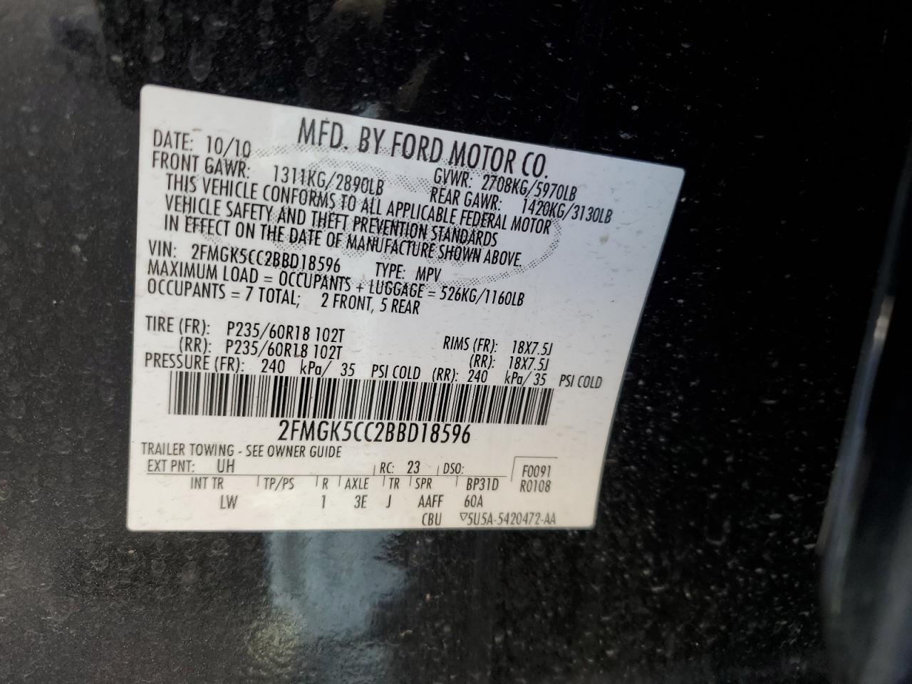 2011 Ford Flex Sel VIN: 2FMGK5CC2BBD18596 Lot: 97862925