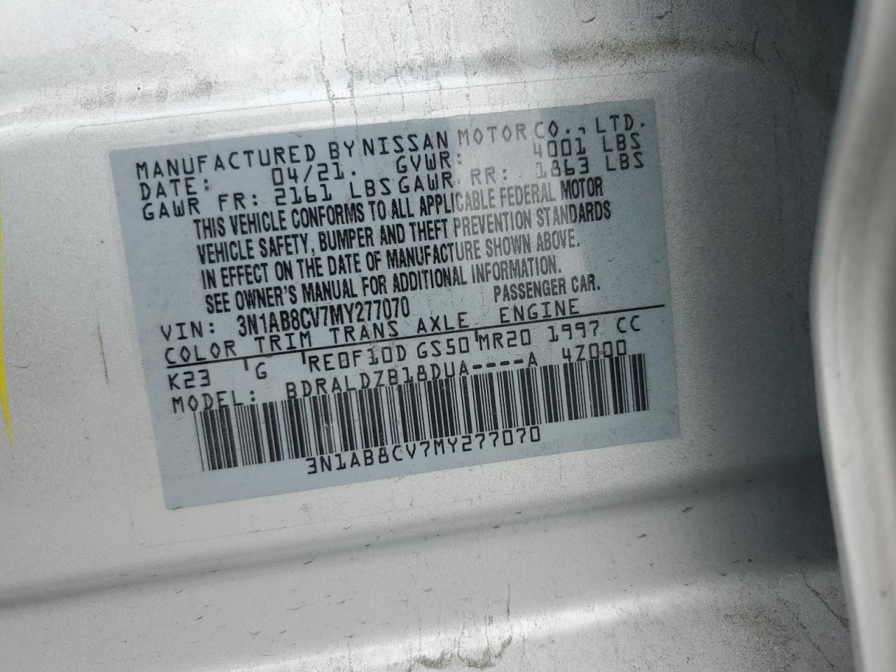 2021 Nissan Sentra Sv VIN: 3N1AB8CV7MY277070 Lot: 82348005