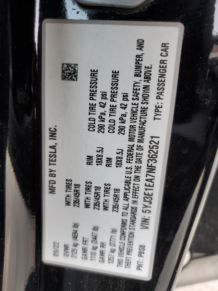 2022 Tesla Model 3 VIN: 5YJ3E1EA7NF362521 Lot: 89729875