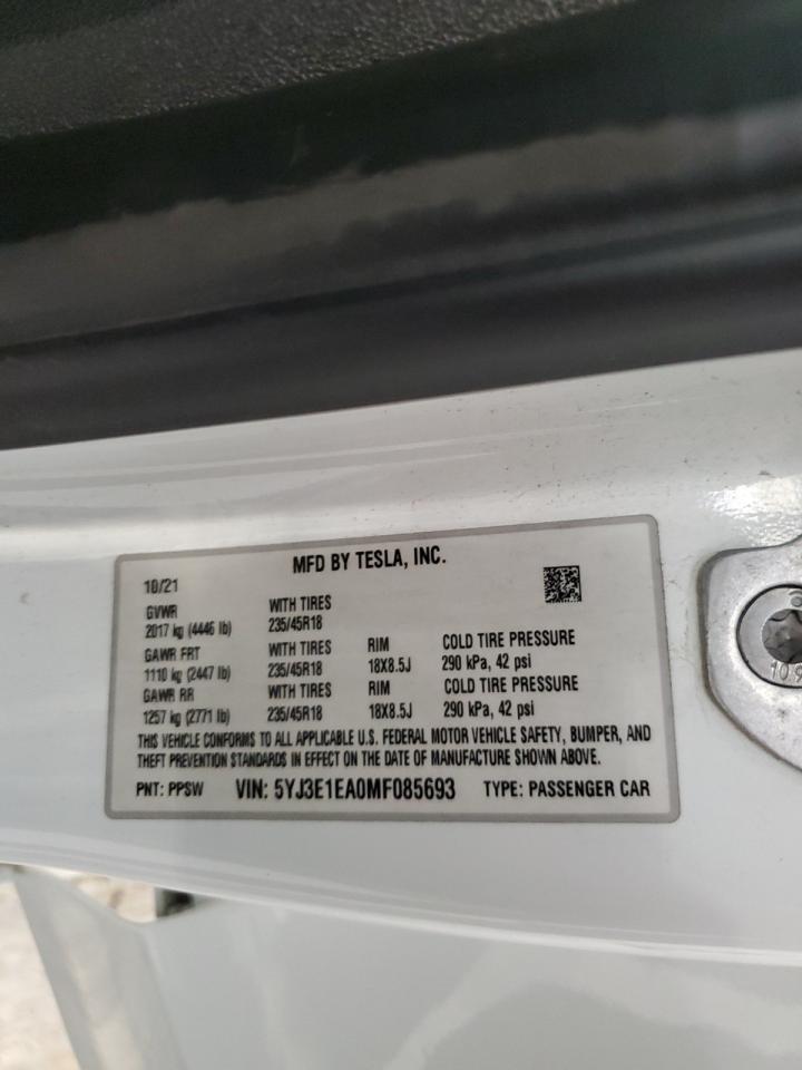 2021 Tesla Model 3 VIN: 5YJ3E1EA0MF085693 Lot: 85088015