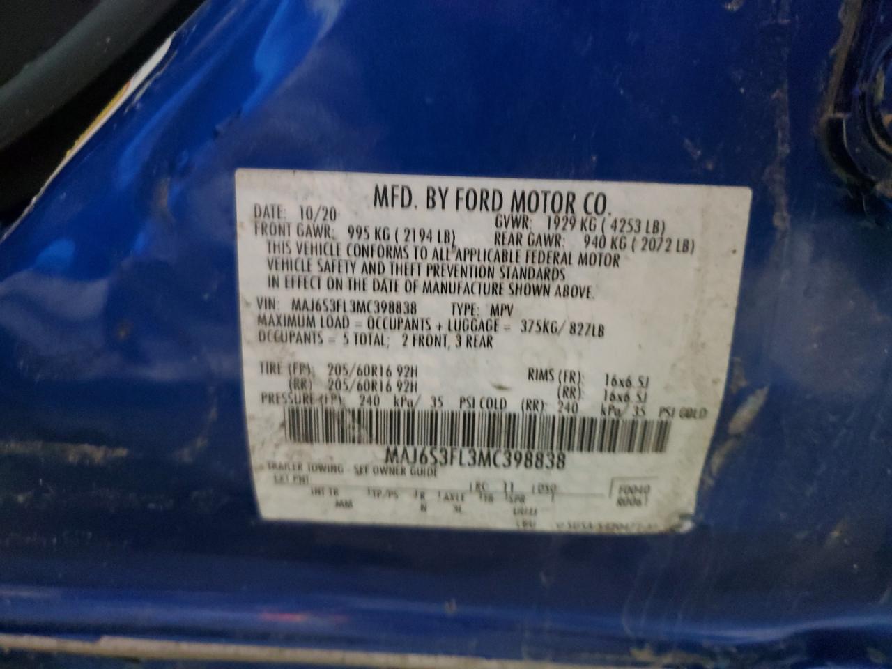 2021 Ford Ecosport S VIN: MAJ6S3FL3MC398838 Lot: 89471055