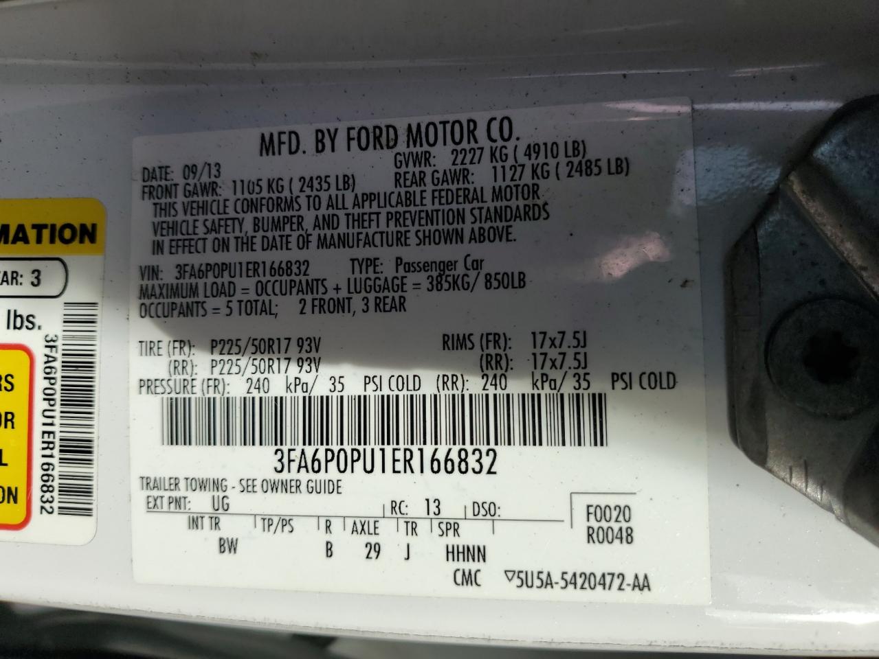 2014 Ford Fusion Se Phev VIN: 3FA6P0PU1ER166832 Lot: 85118045