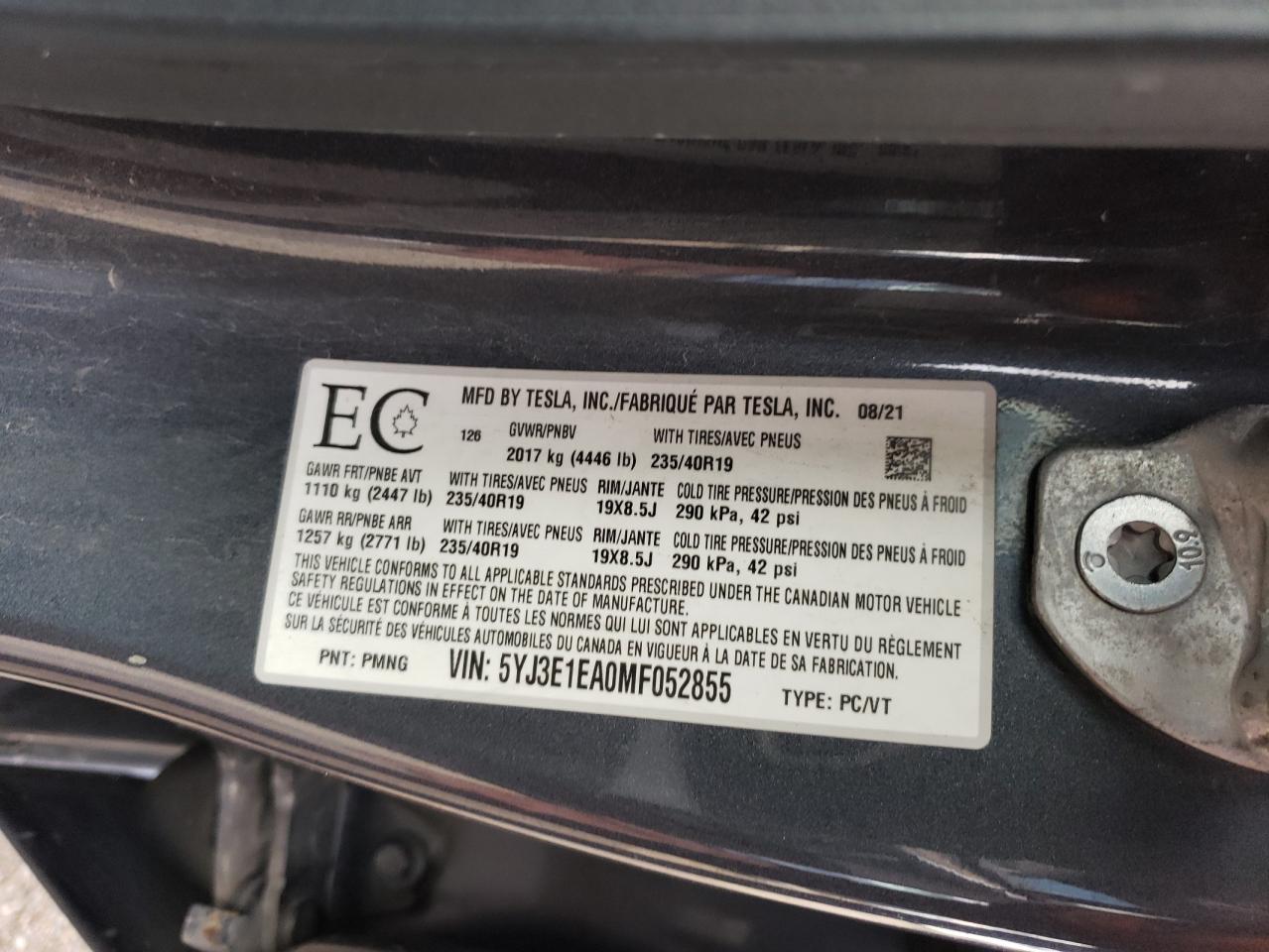 2021 Tesla Model 3 VIN: 5YJ3E1EA0MF052855 Lot: 87210175