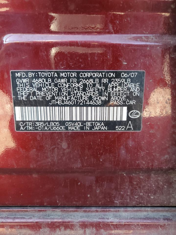 2007 Lexus Es 350 VIN: JTHBJ46G172144638 Lot: 91132555