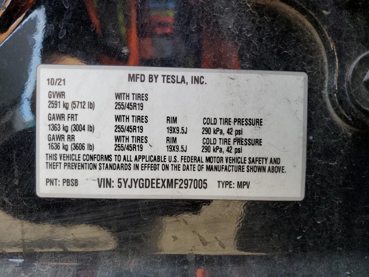 2021 Tesla Model Y VIN: 5YJYGDEEXMF297005 Lot: 81959195