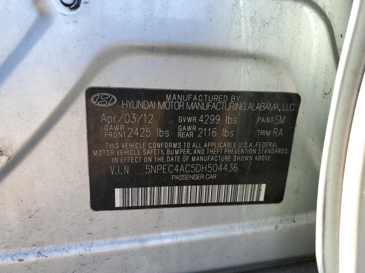 2013 Hyundai Sonata Se VIN: 5NPEC4AC5DH504436 Lot: 86712985