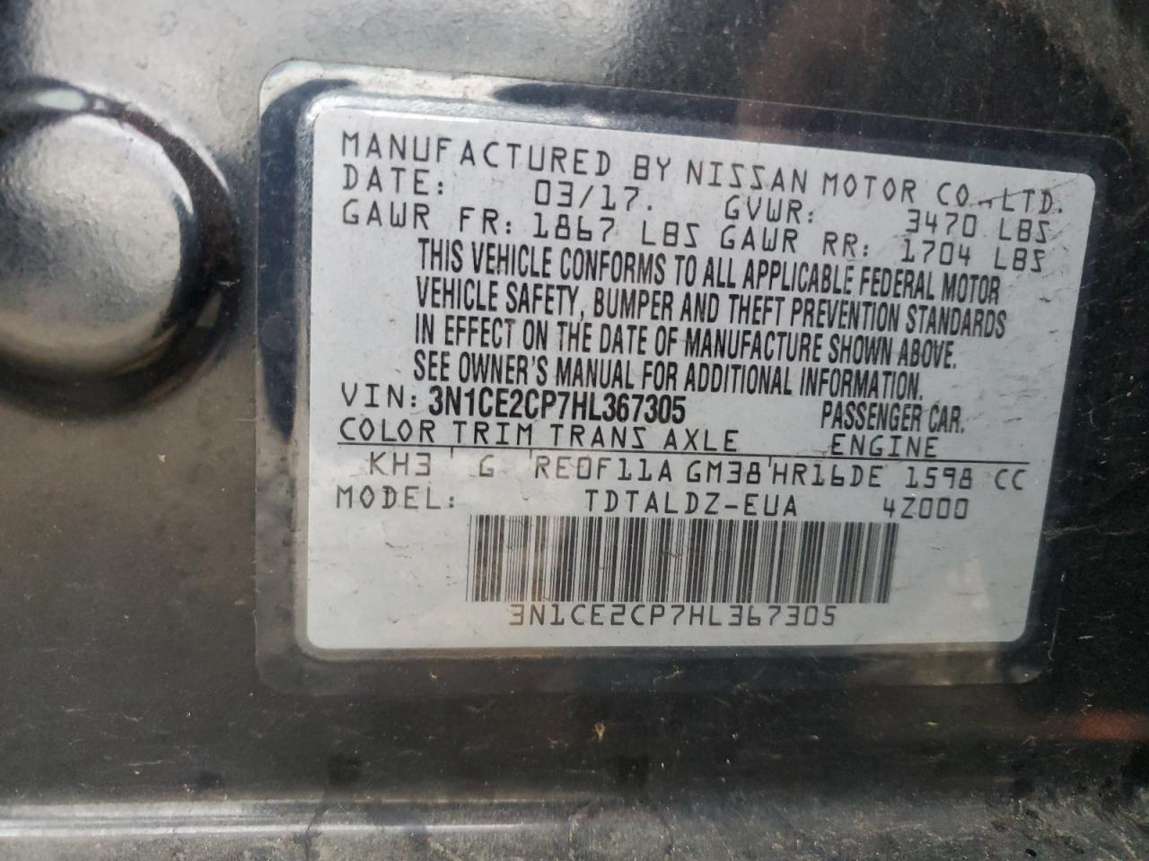 2017 Nissan Versa Note S VIN: 3N1CE2CP7HL367305 Lot: 90058355