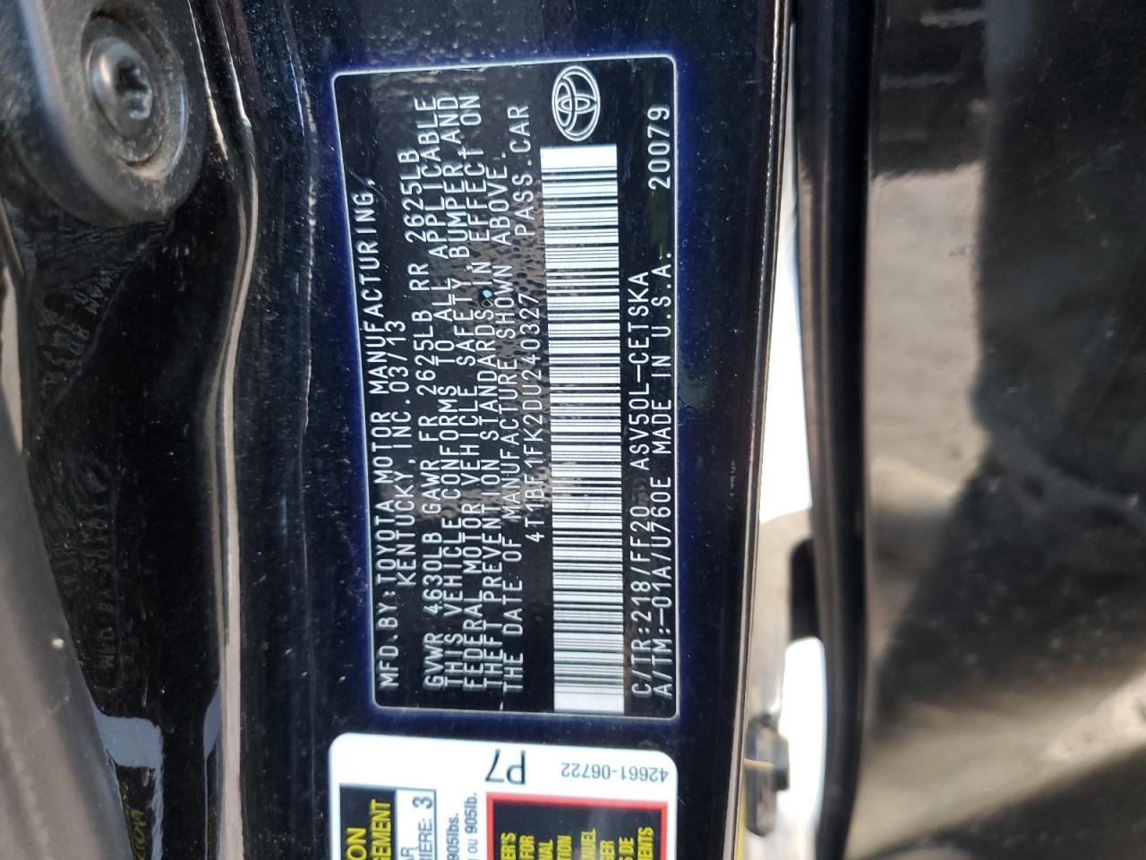 2013 Toyota Camry L VIN: 4T1BF1FK2DU240327 Lot: 90629685