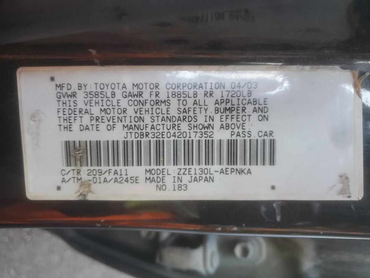 2004 Toyota Corolla Ce VIN: JTDBR32E042017352 Lot: 85387205