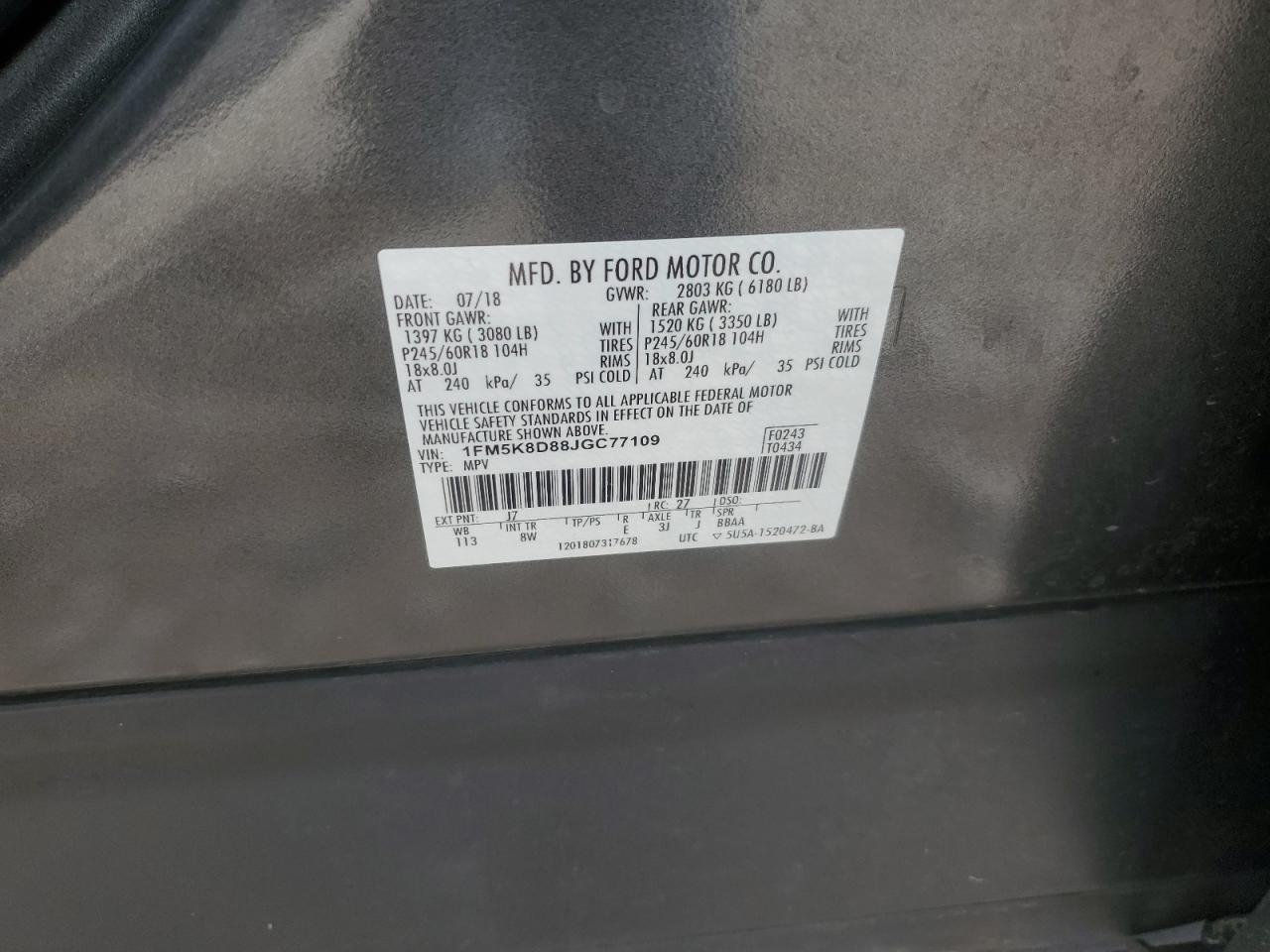 2018 Ford Explorer Xlt VIN: 1FM5K8D88JGC77109 Lot: 82377075