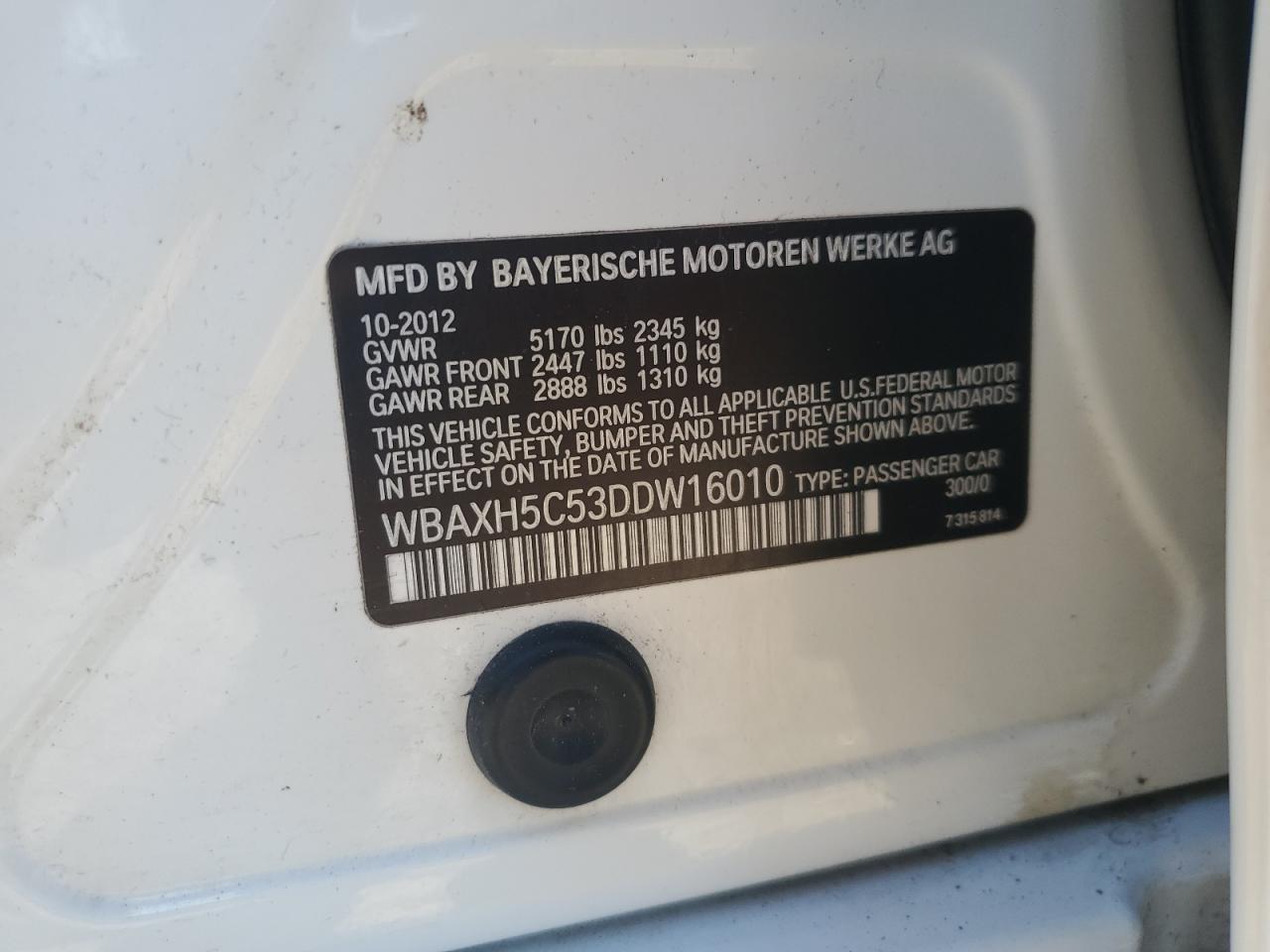 2013 BMW 528 Xi VIN: WBAXH5C53DDW16010 Lot: 84803205