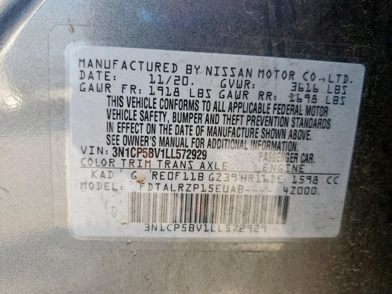 2020 Nissan Kicks S VIN: 3N1CP5BV1LL572929 Lot: 84011145