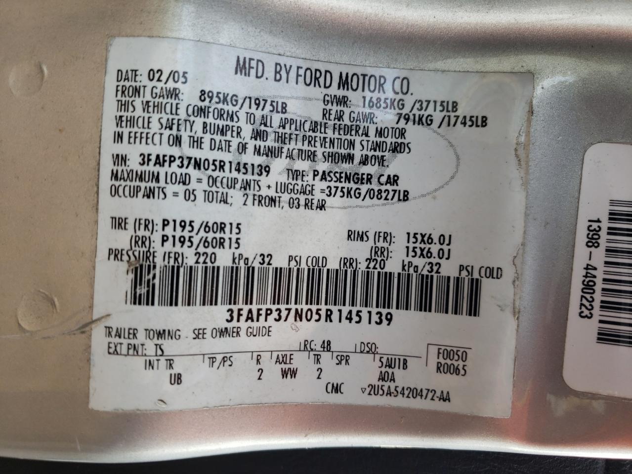 2005 Ford Focus Zx5 VIN: 3FAFP37N05R145139 Lot: 85874485